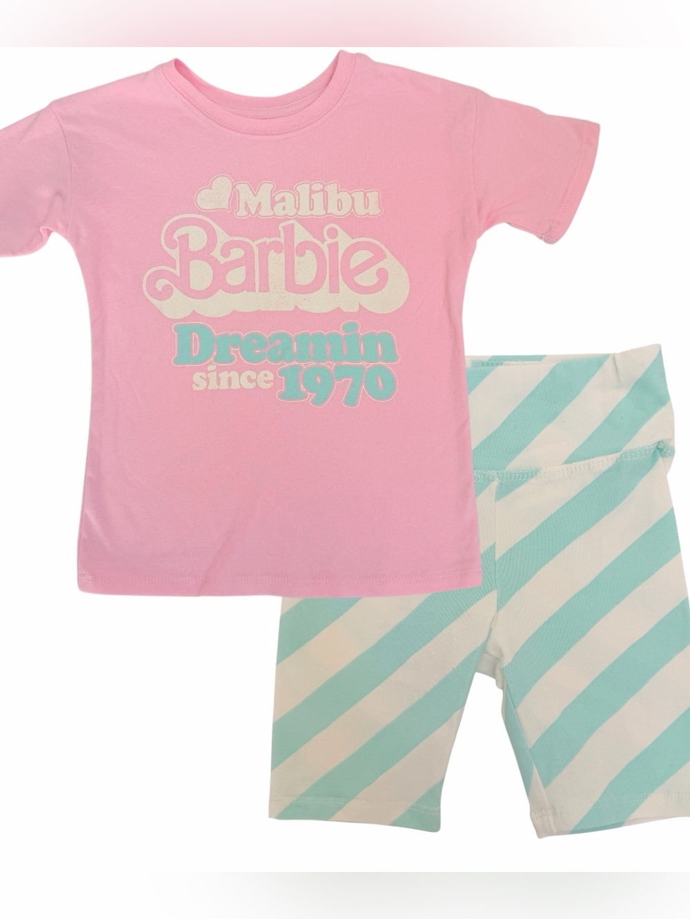 Barbie Pink & Mint Striped Kids Pajama Set
